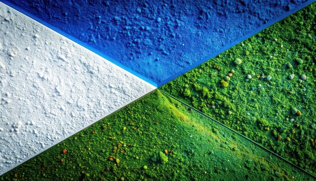 A vibrant abstract composition featuring textured quadrants of blue, green, and white, creating a dynamic and visually engaging pattern.