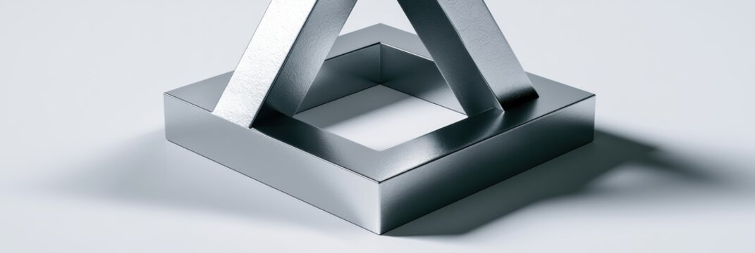 A penrose triangle structure made of polished chrome appears as an optical illusion under dramatic studio lighting against a white background.
