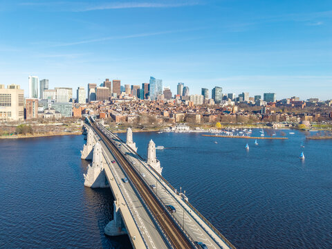 Longfellow Bridge aerial view with Boston skyline and Charles River