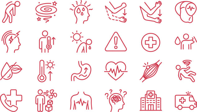 Medical symptoms icons set showing various physical health conditions illnesses and emergency care treatment symbols