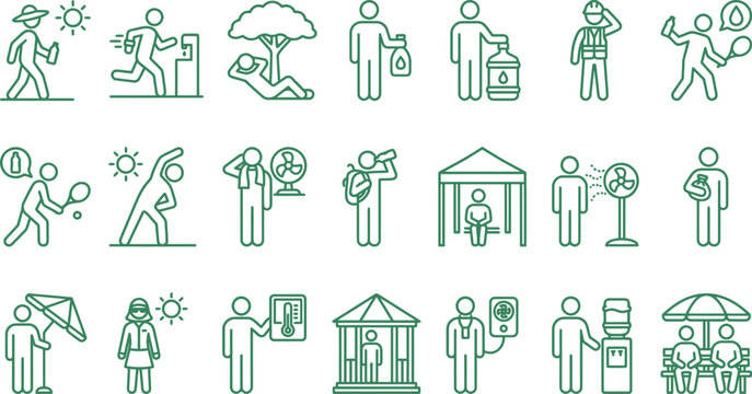 Heat wave safety icons set showing people staying hydrated and cool during extreme hot weather