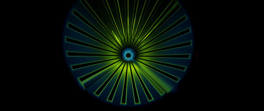 Abstract Glowing Green Radial Pattern with Blue Circle Center on Black Background Futuristic Energy Burst