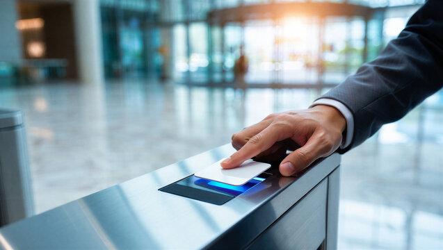 Business professional using a security access card at a modern office turnstile