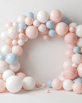 Marco circular de globos pastel sobre fondo blanco para celebraciones, invitaciones y dise&ntilde;os festivos elegantes