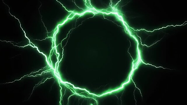 A radiant green energy ring crackling with lightning streaks, glowing like a futuristic portal, symbolizing power, electricity, and the dynamic intensity of sci-fi phenomena.