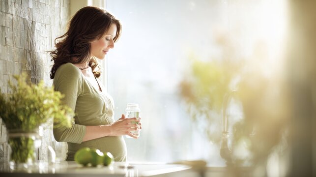 A pregnant woman in her late trimester stands in a bright kitchen holding a prenatal vitamin bottle and a glass of water.