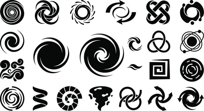 Abstract spiral icons collection featuring various black vortex and swirl shapes on a white background