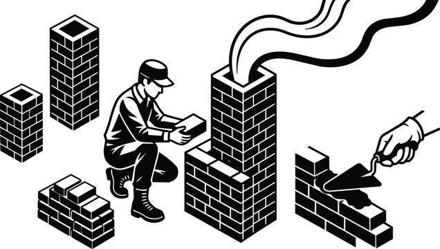 Black and white line art kneeling bricklayer laying bricks with trowel and smoking chimney