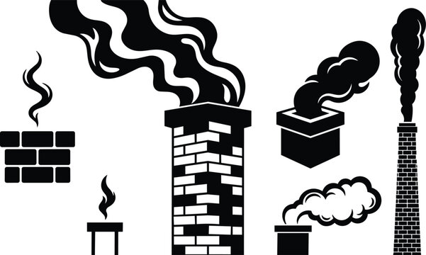Black and white chimney icons with varied smoke shapes and brick chimneys