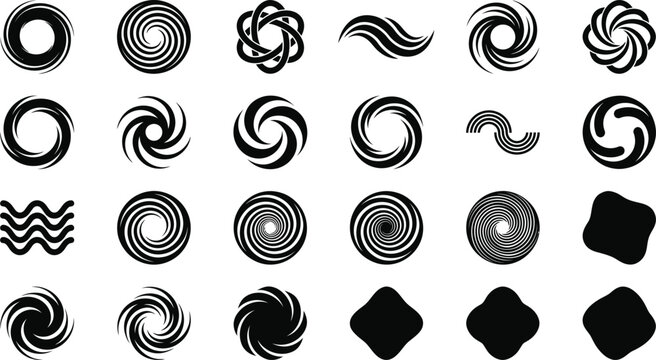 Abstract swirl icons set featuring various black spiral vortex shapes for modern graphic design projects