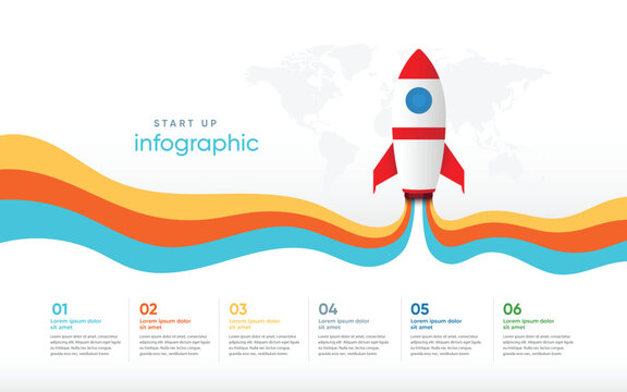 Startup infographic with rocket and wavy layers world map infographic, Infographic Template