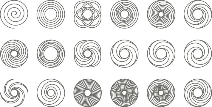 Abstract geometric swirl icons set featuring various circular vortex shapes and spiral line art designs