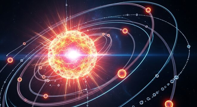 A vibrant digital depiction of a star at the center of concentric glowing orbits, surrounded by swirling particles and cosmic energy beams against a deep space backdrop.
