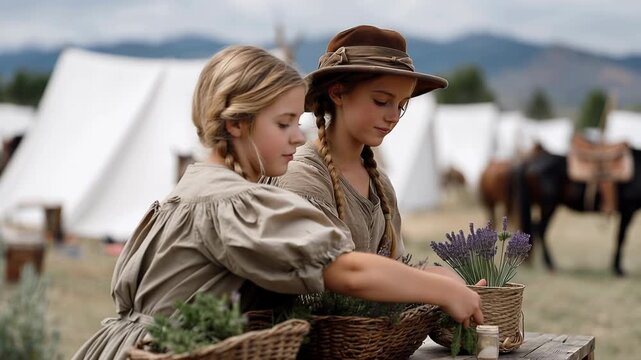 Pioneer Day Young girls in pioneer attire tending fragrant herbs in woven baskets during Pioneer Day festivities, celebrating heritage and simple living in a historical encampment