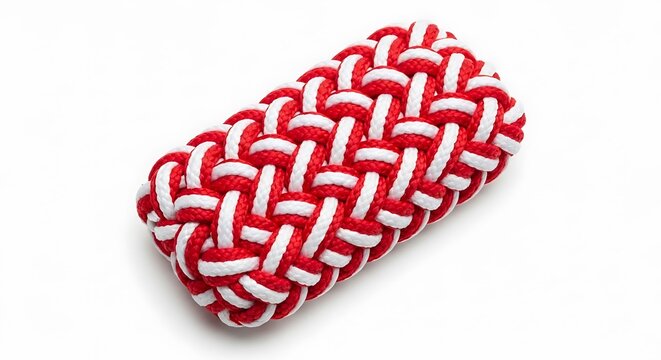 A tightly woven bracelet made from red and white knotted rope displayed against a plain white backdrop.