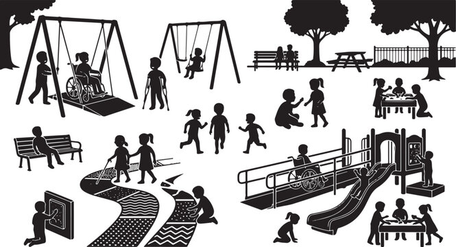 Playground silhouettes with accessible features and diverse children on a white background high quality professional detailed modern elegant