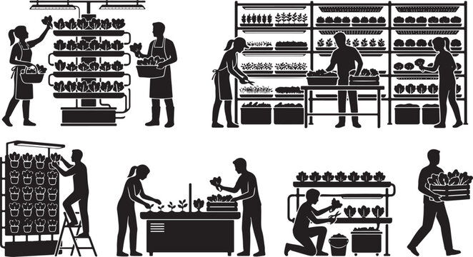 Indoor farm silhouettes depicting workers tending to vertical hydroponic growing systems on a white background high quality professional