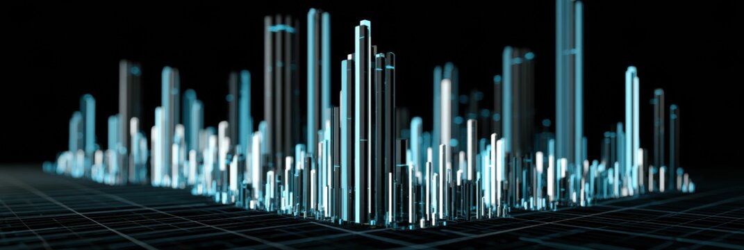 Glowing bar chart columns rise above a dark grid, creating a unique forest-like visualization for data analysis.