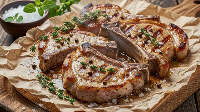 Grilled pork chops on wooden board with spices and herbs