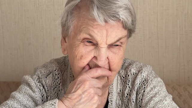 An elderly white grandmother covers her nose thoughtfully. Indoor portrait in close-up: Knitted cardigan, Gray Hair, Wrinkled facial skin. Close-up