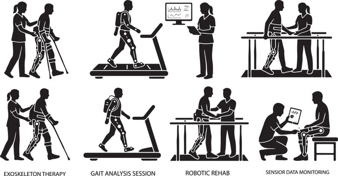 Rehabilitation process illustrations with patients using exoskeletons treadmills and sensor data monitoring high quality professional detailed modern elegant