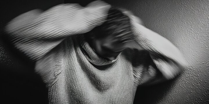Blurred Figure in Sweater, Fumbling with Cap