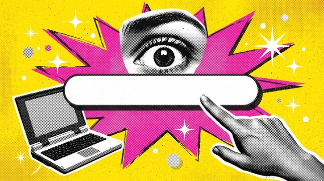 Trendy Halftone Collage Artificial intelligence and digital searching. Hand with search bar using AI Prompt and an astonished eye. AI powered search engine. Generate content. vector illustration 