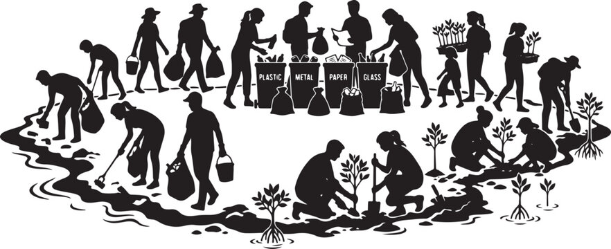 Recycling and reforestation silhouette illustration with people and bins