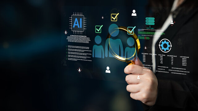 Futuristic Business Analysis with AI Technology and Magnifying Glass Focusing on Data Insights and Human Resource Management Haptic.