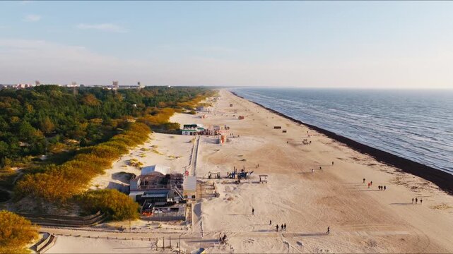 Aerial forward motion, Liepaja seaside highlighting european culture city 2027