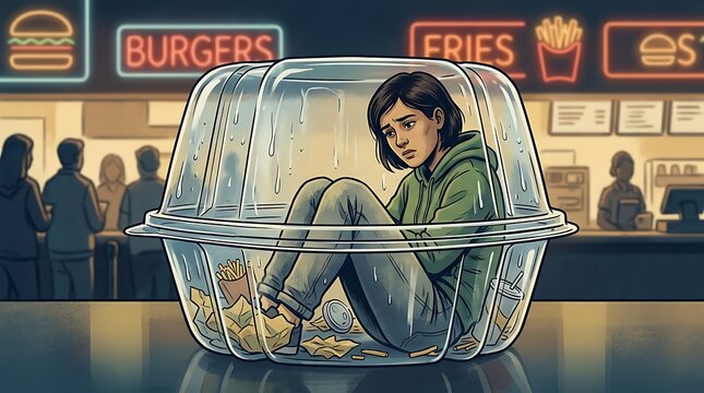Sad young woman trapped inside a clear plastic takeout container in a fast
