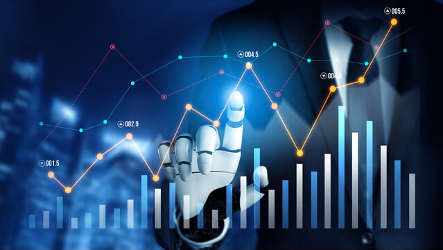 A businessman is interacting with a futuristic touchscreen displaying colorful graphs and data trends, symbolizing modern finance and data analysis methods. Scalp
