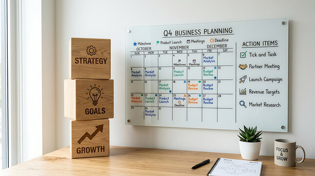 Quarterly business planning board showing calendar milestones and stacked wooden cubes for strategy goals and growth path.
