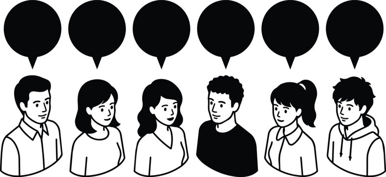 Black and white vector art six diverse people with round speech bubbles overhead