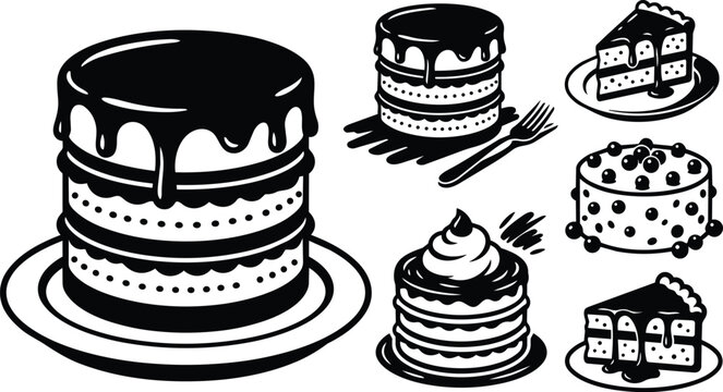 Black and white drip layer cake set with slice fork whipped topping and plates vector art
