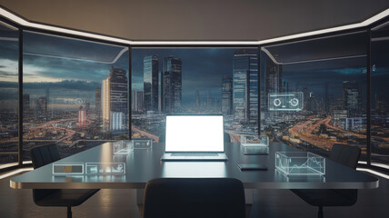 Fototapeta na wymiar Modern office with panoramic city view and digital presentation screen panoramic presentation