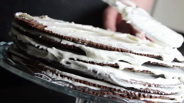 Close-up of female hands spreading smooth creamy frosting on chocolate sponge cake layers while preparing a homemade layered dessert.