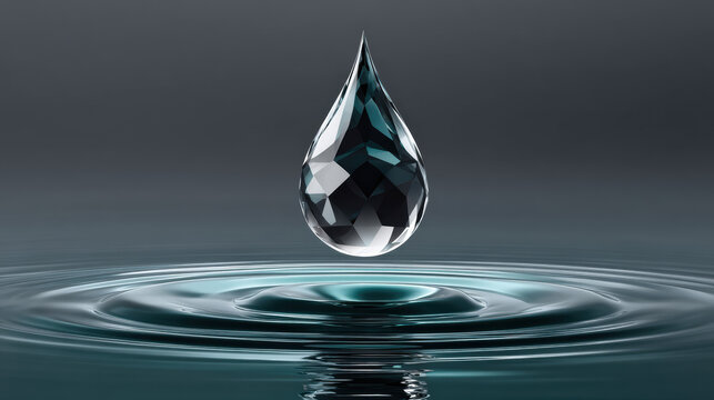 A multifaceted crystal teardrop suspends above water creating concentric ripples on the smooth surface against a muted gray background with artistic lighting.