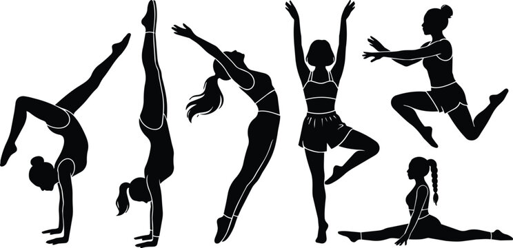 Black and white vector silhouettes of gymnasts performing handstand backbend split and leap