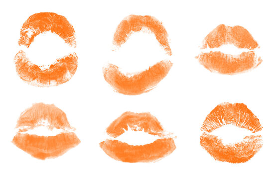 Orange Lipstick Kiss Prints Set Isolated on White Background