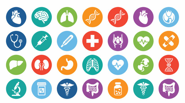 Collection of medical and healthcare icons representing various biological systems, organs, and medical equipment for health and wellness themes