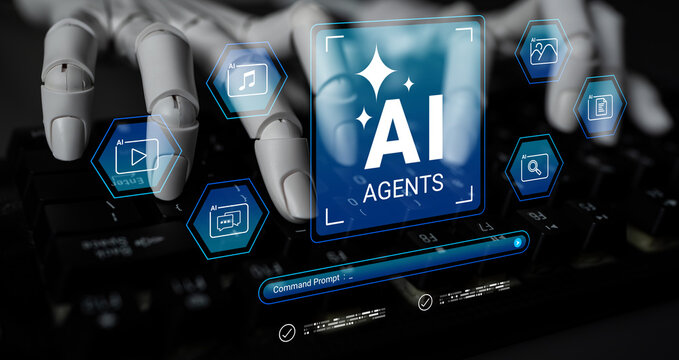 Futuristic robot hands are typing on a keyboard, highlighting the concept of AI agents with digital icons symbolizing technological innovation and digital interaction. Cyphers