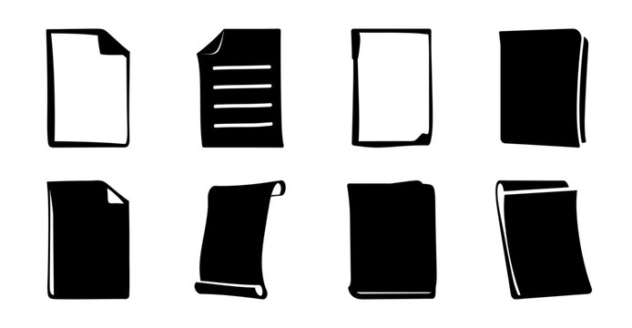 Flat document and folder icons in black and white - Minimalist set of eight flat design icons showing documents and folders in black and white styles for web or app use.