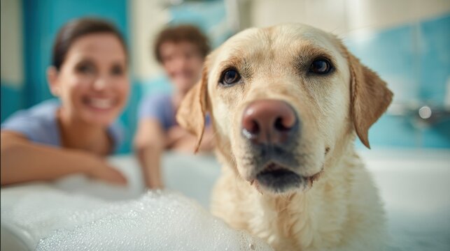 A labrador has fun in a bathtub with bubbles while the owner smiles beside in a light blue bathroom during bath time.