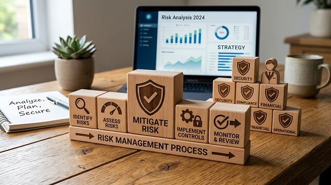 Risk management process blocks on wooden table with laptop showing charts and plant on desk.