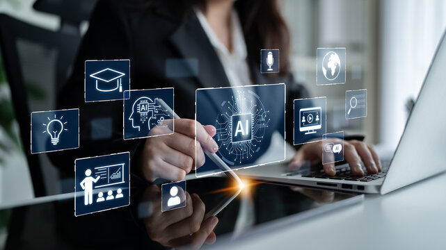 Business Professional Using Laptop with Digital Icons Representing Artificial Intelligence and Technology Concepts in Modern Office Setting. Bitwise.