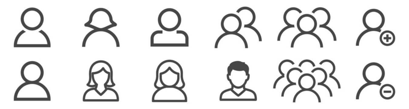 People icon set with male and female avatars. Flat outline user and group symbols with add and remove options.