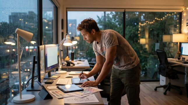 Creative professional working late at a desk with multiple monitors and digital tablet on a rainy evening