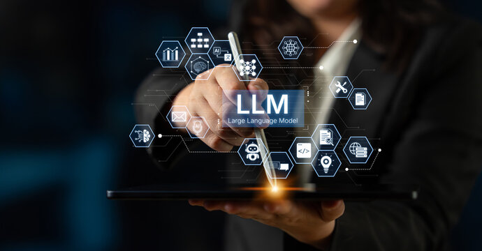 Large Language Model LLM processing data. Represents deep text learning, natural language processing NLP AI tech, transformer architecture, and generative AI deep learning future technology. Corpus