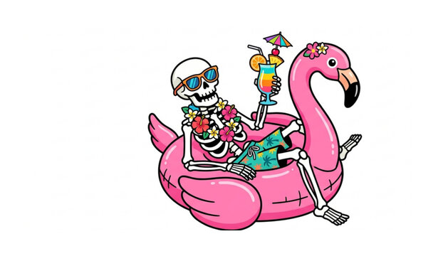Funny skeleton on flamingo pool float vector illustration summer party design isolated